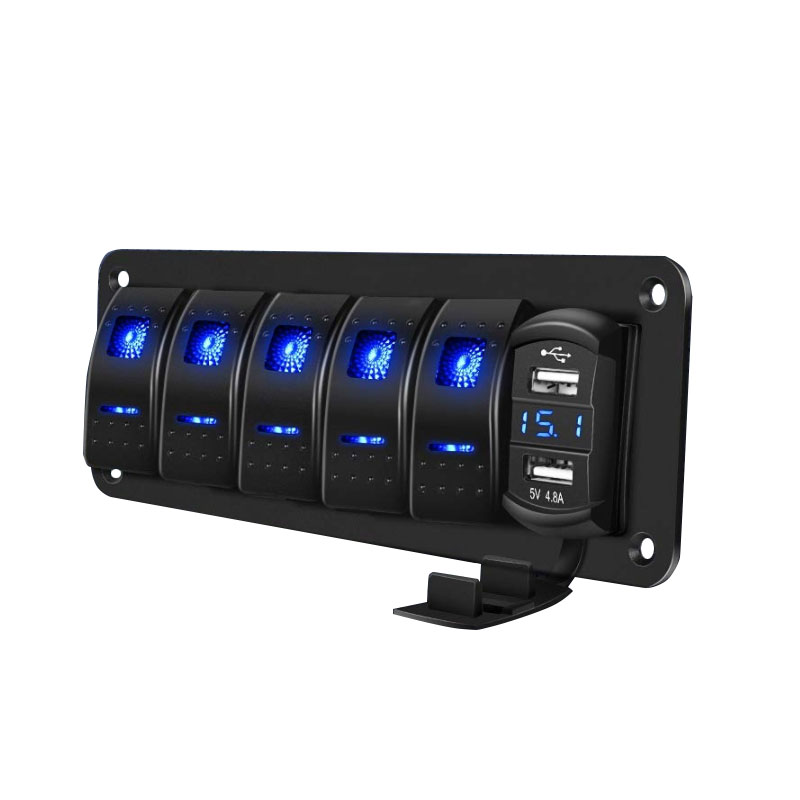 5 Gang Quick Charge Dual USB 4.8A Voltmeter Power Socket DC 24V 12V Blue Lighted Marine Rocker Switch Panel