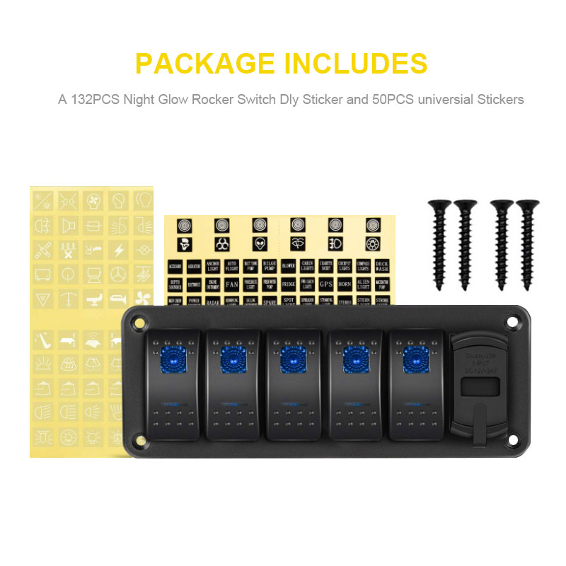 5 Gang Quick Charge Dual USB 4.8A Voltmeter Power Socket DC 24V 12V Blue Lighted Marine Rocker Switch Panel3
