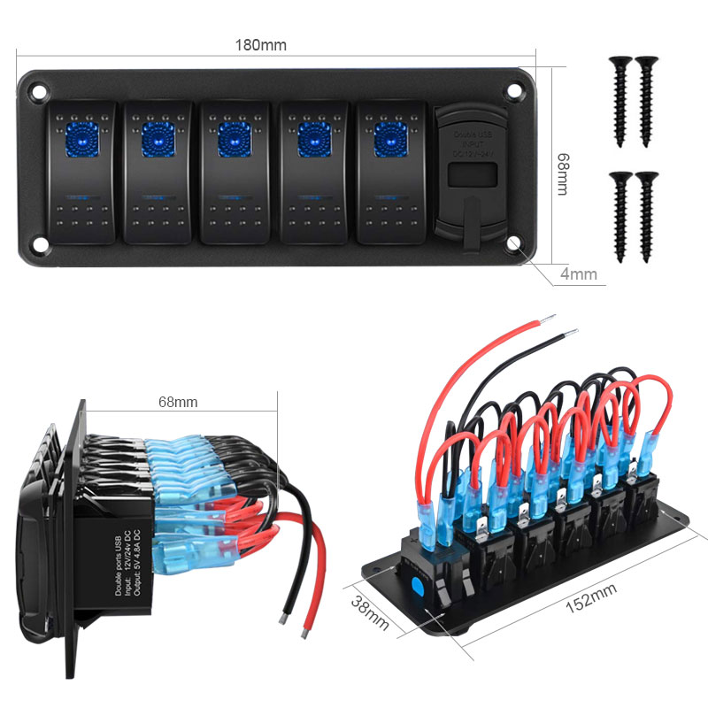 5 Gang Quick Charge Dual USB 4.8A Voltmeter Power Socket DC 24V 12V Blue Lighted Marine Rocker Switch Panel2