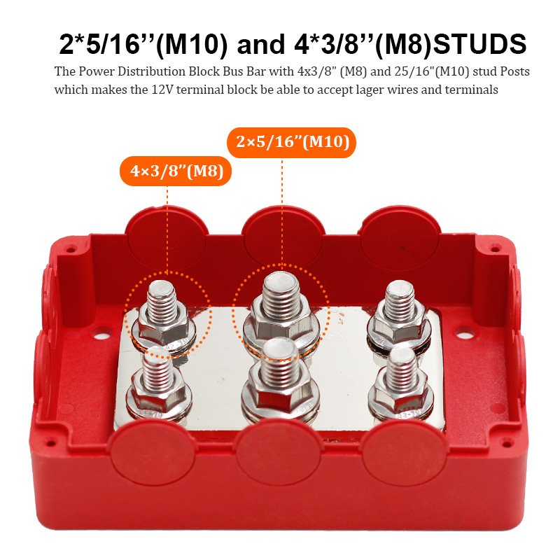 48V DC 500A Copper Bus Bar 6MM Pure Brass Plate 4x M8 2x M10 Studs Power Distribution Block with Black Waterproof Cover3