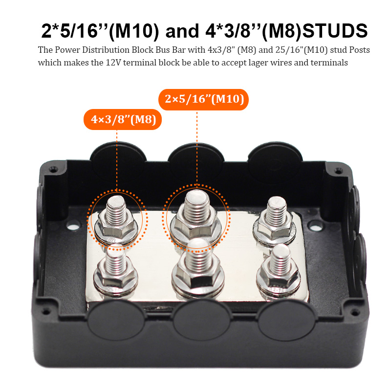 Latest Craze 500A Copper Bus Bar 6MM Pure Brass Plate 4x M8 2x M10 Studs Power Distribution Block with Black Waterproof Cover3