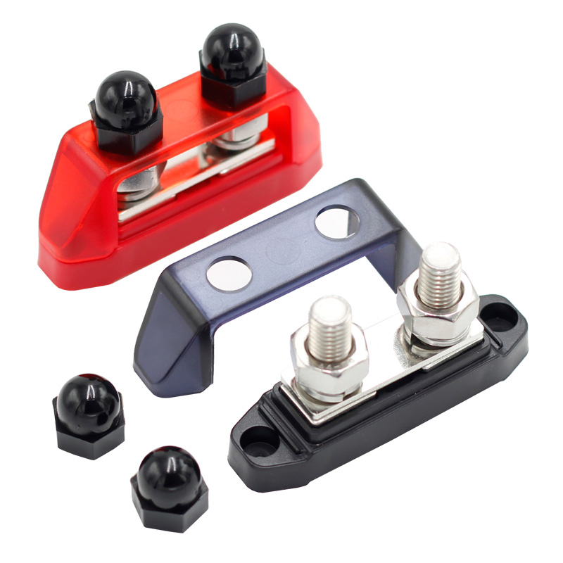 Busbar Dual 5/16inch Studs and #8 Screw Terminal Power Distribution Block with Ring Terminals Pair Red & Black3